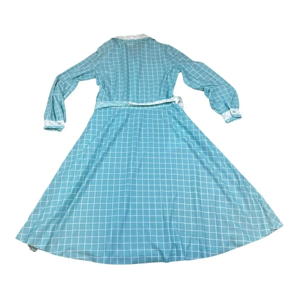 VTG 70s Sears ‘The‎ Shirtdress’ Baby Blue Checkered Plaid Long Sleeve Dress S-M - Picture 6 of 11